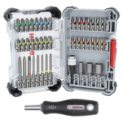 Conjunto de pontas de parafusadeira Bosch com caixa cinzenta e chave de punho preta