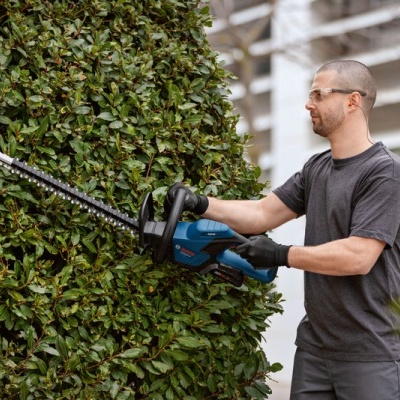 Homem a cortar sebes com tesoura eléctrica azul e preta