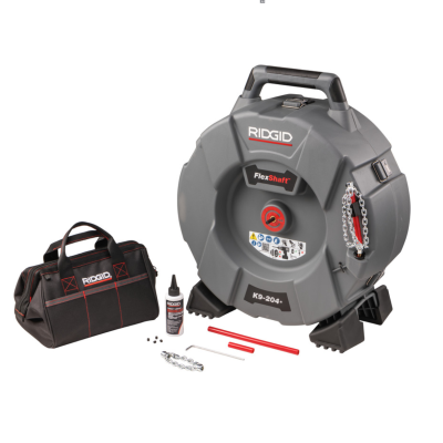 Conjunto de ferramenta RIDGID FlexShaft K9-204 com mala rígida cinza e bolsa preta com detalhes vermelhos