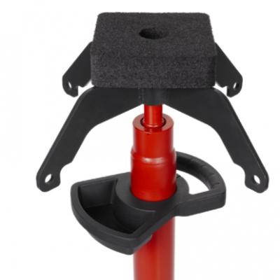 Suporte de ferramenta metálico vermelho com base preta e espuma preta quadrada no topo