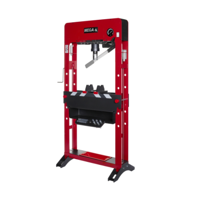 Prensa hidráulica MEGA 40 vermelha e preta com manípulo e mostrador analógico