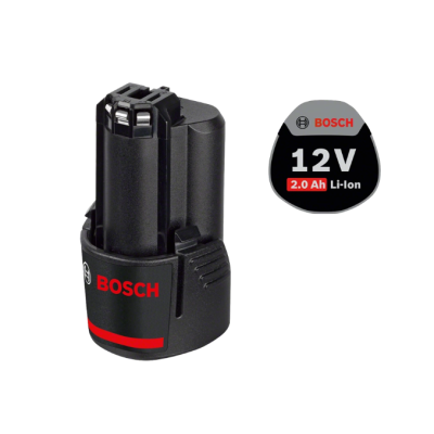 Bateria Bosch 12V 2.0 Ah Li-Ion preta com detalhes vermelhos