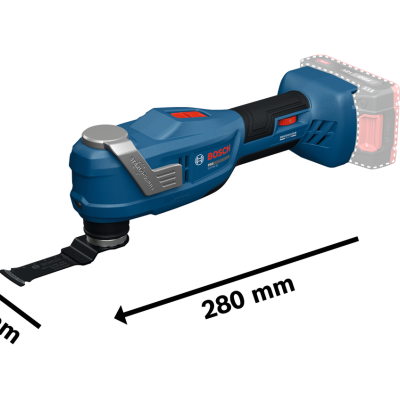 Máquina oscilante Bosch PRO azul com detalhes em preto e vermelho, dimensões 280x90x100 mm