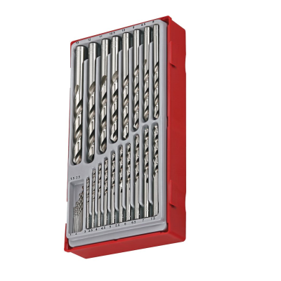 Conjunto de brocas de metal em caixa plástica vermelha e suporte cinza