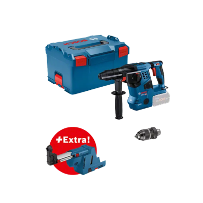 Conjunto de furadeira Bosch com estojo, punho auxiliar, mandril e acessório em fundo branco