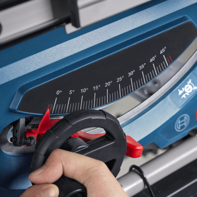 Ferramenta Bosch azul com mostrador angular e roda de ajuste preta.
