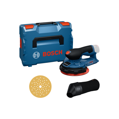 Conjunto de lixadora elétrica Bosch azul e preta com disco de lixa amarelo, acessório preto e estojo rígido azul com texto BOSCH vermelho