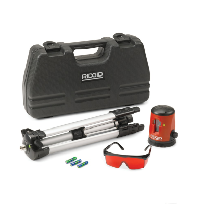 Conjunto RIDGID com estojo, tripé, nível a laser, óculos de proteção e pilhas