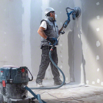 Homem em obra a lixar parede branca com lixadora elétrica conectada a aspirador.