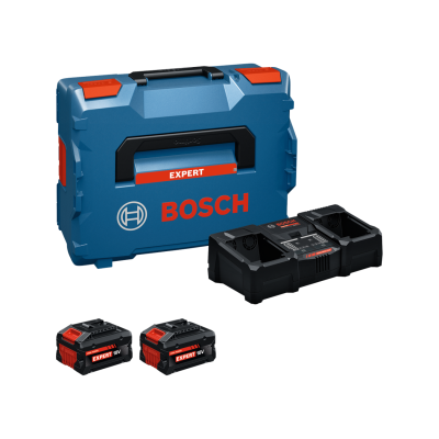 Conjunto Bosch com caixa de ferramentas azul, duas baterias 18V expert e carregador preto
