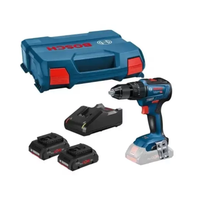 Conjunto de ferramenta Bosch com furadeira, duas baterias, carregador e estojo azul.