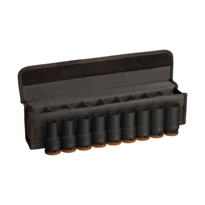 Conjunto de soquetes de impacto pretos com estojo preto aberto.