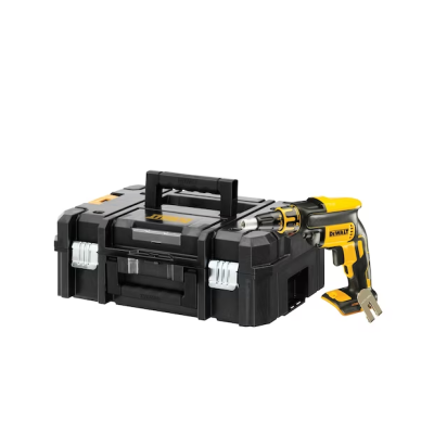 Caixa de ferramentas preta com pistola de ar quente preta e amarela da DEWALT