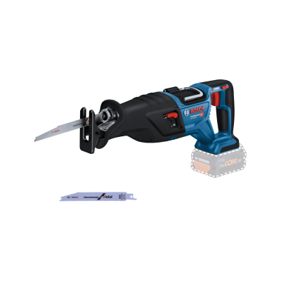 Serra tico-tico a bateria Bosch azul e preta com lâmina e lâmina extra de metal no fundo branco