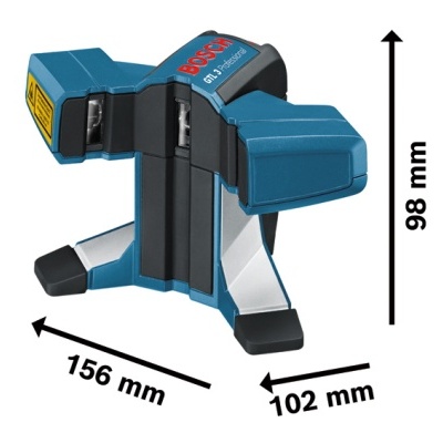 Ferramenta de medição laser Bosch azul e preta com dimensões e texto visível