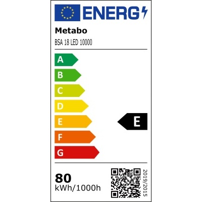 Etiqueta energética UE produto Metabo BSA 18 LED 10000 com eficiência E e consumo 80 kWh/1000h