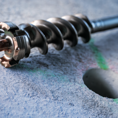 Broca metálica para perfurar betão sobre superfície de betão cinza com buraco