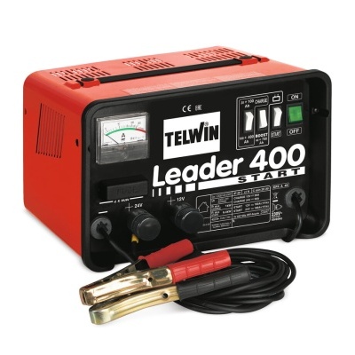 Carregador de bateria TELWIN Leader 400 START vermelho e preto com cabos e garras metálicas