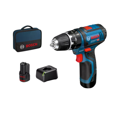 Conjunto de furadeira Bosch com bateria, carregador e estojo.