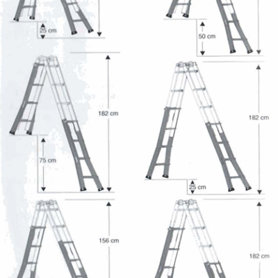 Escadas metálicas articuladas com várias alturas e espaçamentos indicados.