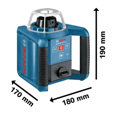 Lâser rotativo Bosch azul com painéis e dimensões visíveis