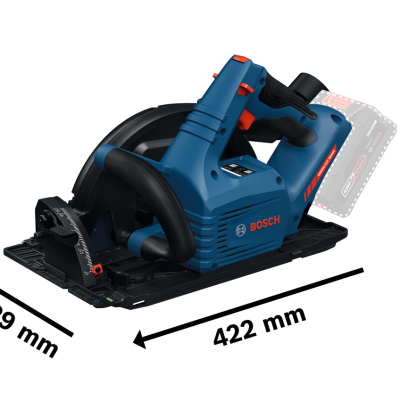 Serra circular sem fio BOSCH azul e preta com régua de medição e dimensões