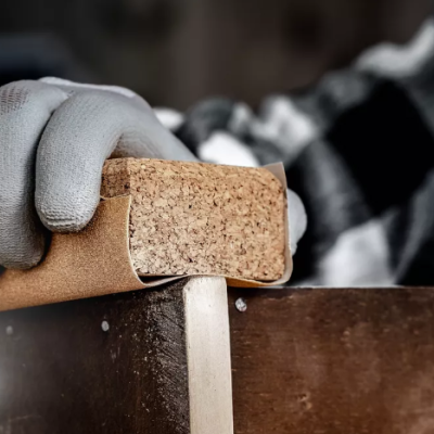 Mão com luva cinza segurando bloco de cortiça sobre móvel de madeira