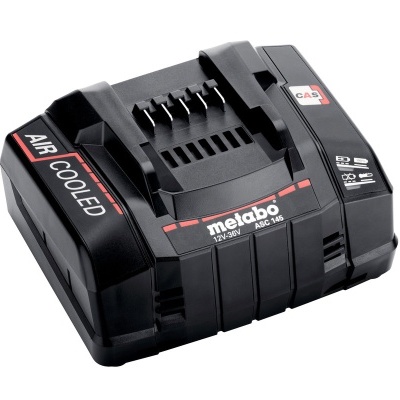 Carregador de bateria Metabo ABC 14.4-18V preto com detalhes em vermelho e branco