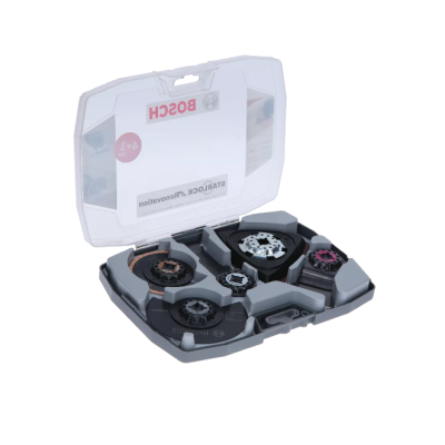 Conjunto de acessórios Bosch em caixa de plástico transparente e cinza