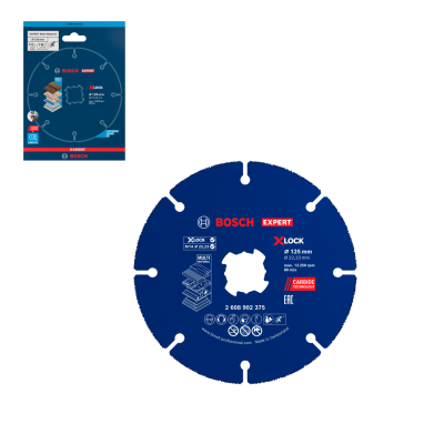 Disco de corte azul Bosch Expert XLock 125 mm multi-material com textos e marcações em branco e vermelho