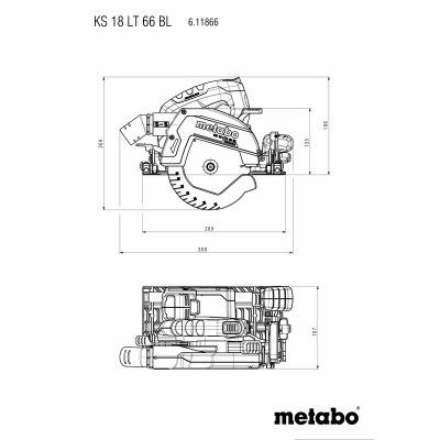 Desenho técnico em preto e branco de serra circular Metabo KS 18 LT 66 BL com dimensões.