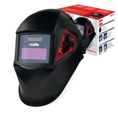 Máscara de soldadura preta TELWIN com detalhes vermelhos e visor retangular