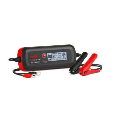 Carregador de bateria Telwin Tecocharge 12V com ecrã digital e garras preto e vermelho.