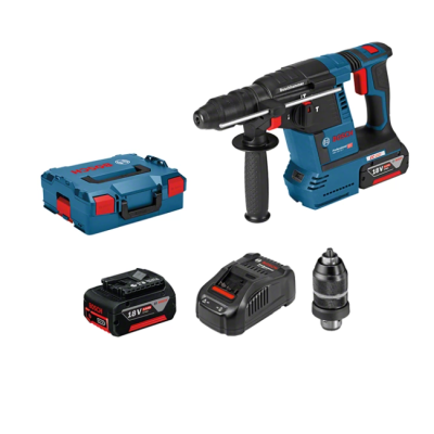 Conjunto de ferramentas Bosch com martelo perfurador, bateria, carregador, mandril e mala azul