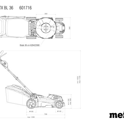 Desenho técnico em preto e branco de cortador de relva Metabo com dimensões.
