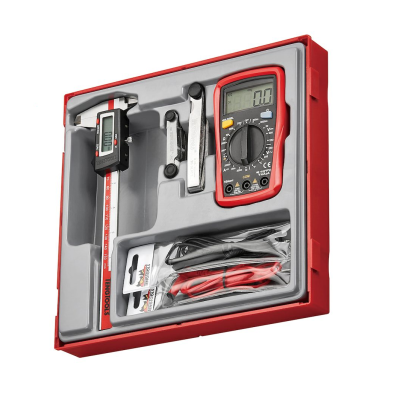 Conjunto de multímetro digital, paquímetro e acessórios em embalagem vermelha