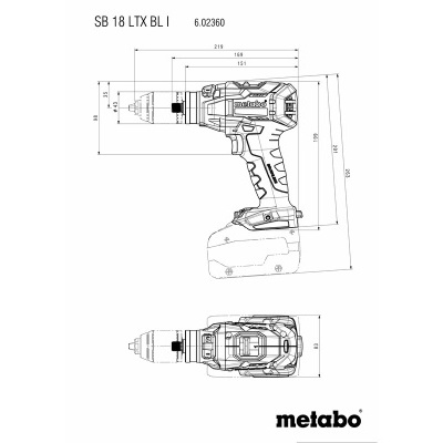 Desenho técnico de uma parafusadeira Metabo SB 18 LTX BLI com dimensões
