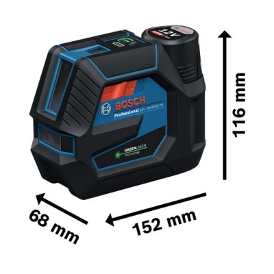 Laser Bosch Professional GLL 3-80 CG preto e azul com dimensões indicadas