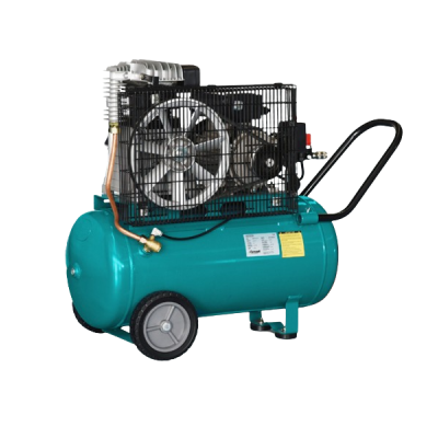 Compressor de ar portátil azul e preto com rodas cinzentas