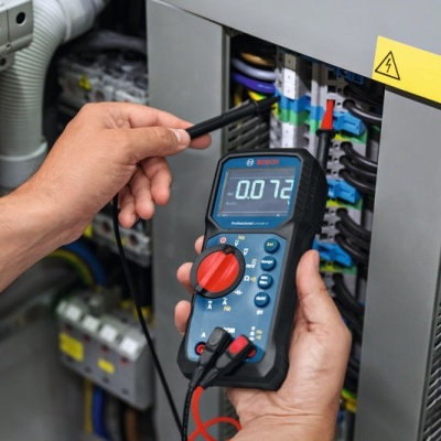 Multímetro digital a medir corrente dentro de caixa elétrica