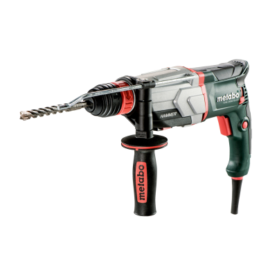 Martelo perfurador elétrico Metabo verde e vermelho com punho auxiliar.