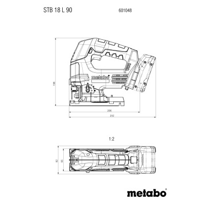 Desenho técnico de ferramenta elétrica Metabo STB 18 L 90 com dimensões