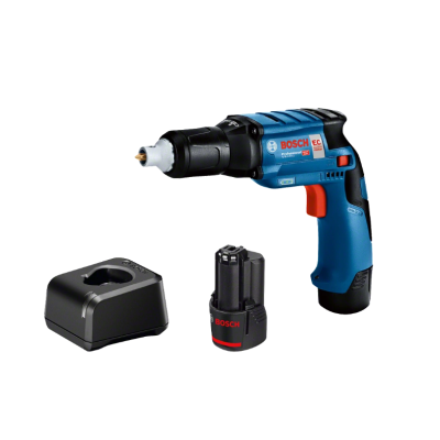 Parafusadora sem fios Bosch azul e preta com bateria e base de carregamento