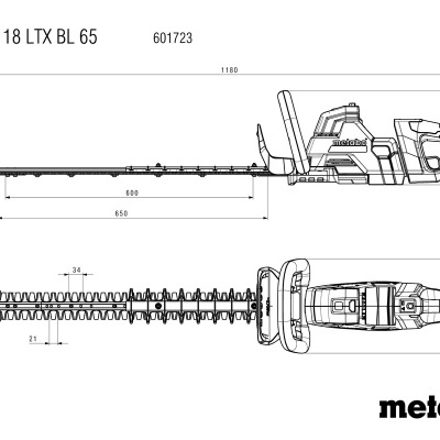 Desenho técnico de tesoura de poda elétrica Metabo com dimensões