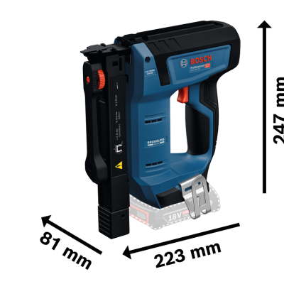 Pistola de grampos Bosch profissional com medidas em fundo branco