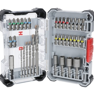 Conjunto de brocas e bits em caixa de plástico cinzenta com detalhes pretos e vermelhos