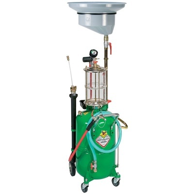 Depósito móvel verde para recolha de óleo com reservatório de vidro e rodas