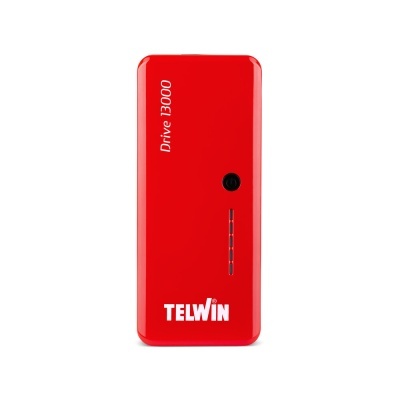 Dispositivo vermelho com texto branco e botão preto sobre fundo branco