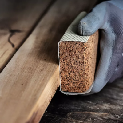 Mão com luva segurando lixa de bloco com face de cortiça a lixar madeira.