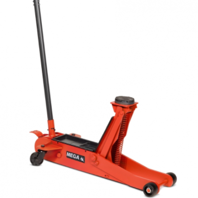 Macaco hidráulico laranja com alavanca preta e etiqueta MEGA